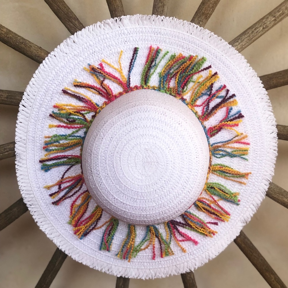 FLOPPY SUMMER White Straw HAT Colorful Boho Fringe NEW!